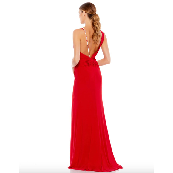 MAC DUGGAL Dress Size 8 Evening Gown Red NEW Assymmetrical Pearl Strap V Neck - Picture 2 of 5